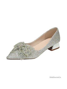 Women's Pointed Toe Block Heels Pumps Rhinestone Bow Dress Shoes Faux Leather